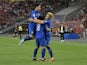 Thailand celebrates the opening goal by Supachok Sarachat in a victory over Singapore in November 2023